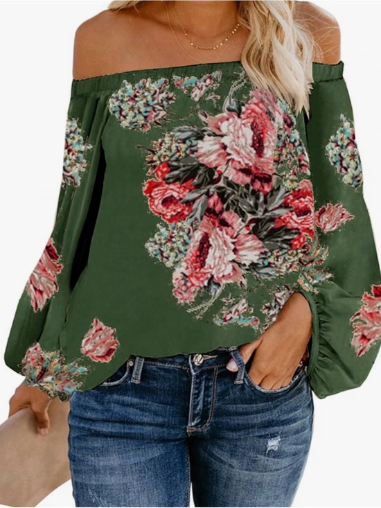 Tops - Off-Shoulder Floral Blouse - Green